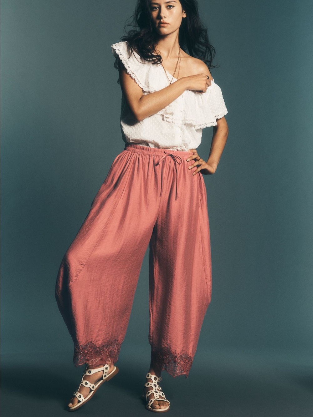 Anthropologie Rose Wide-Leg Lace Hem Pants